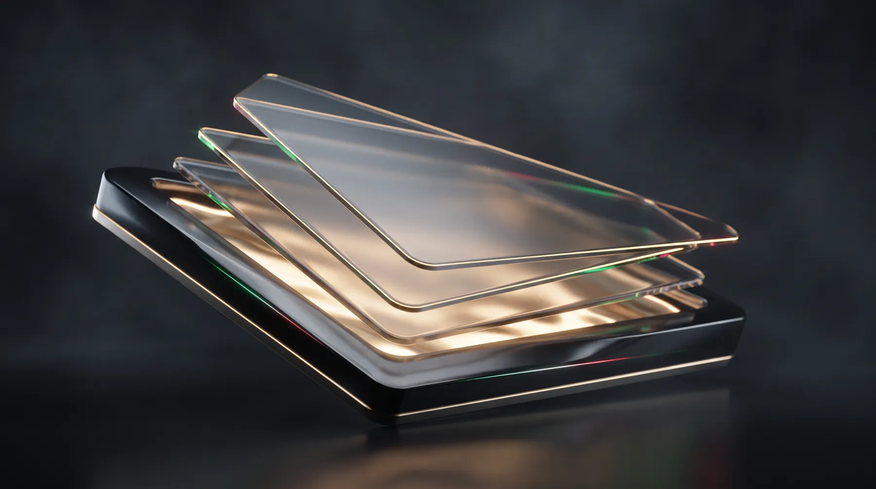 Layered obsidian glass plates lit from beneath by champagne gold light