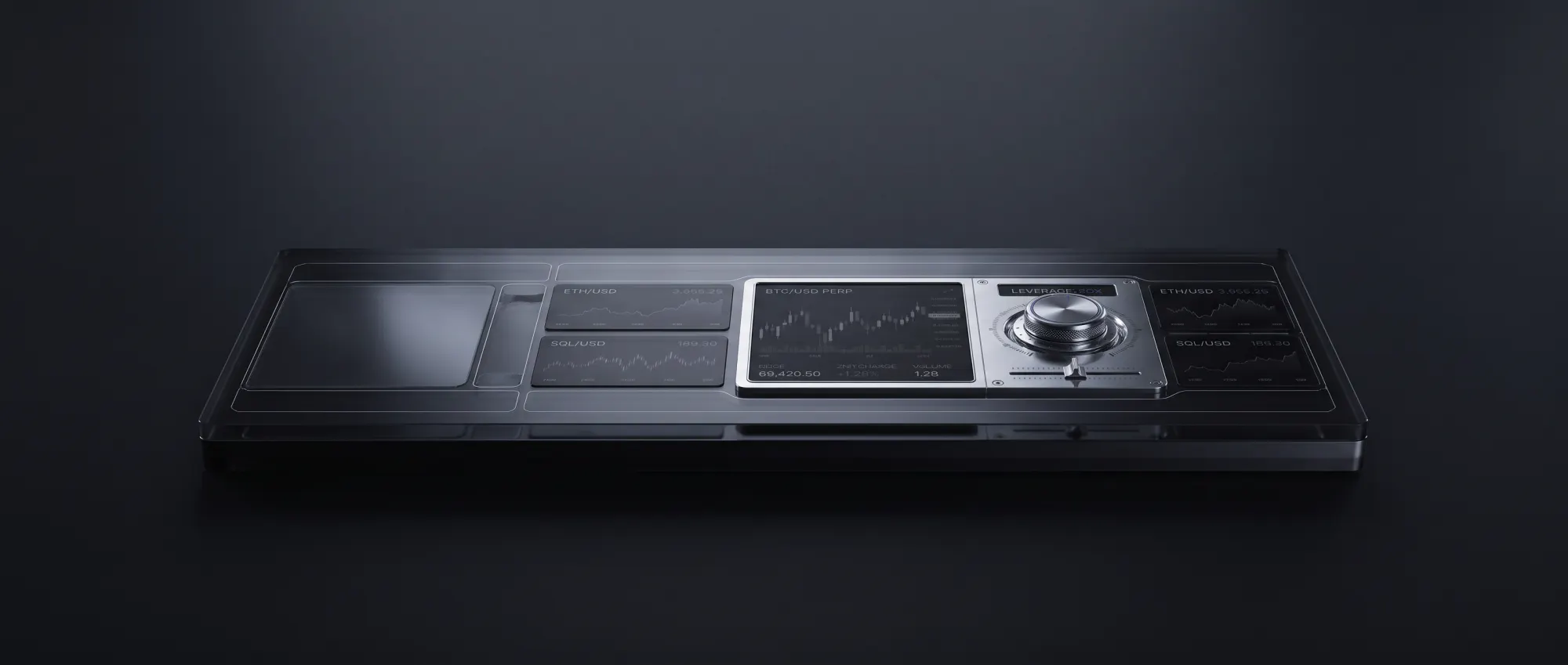 The Nexora trading instrument, a smoked glass slab with embedded market screens